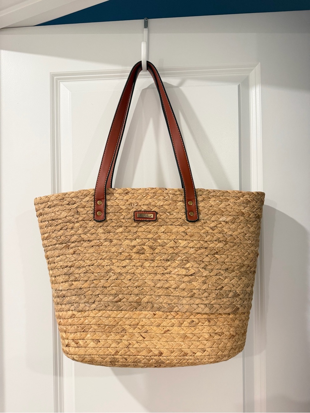 Woven Straw Tote Bag with Brown Leather Handles